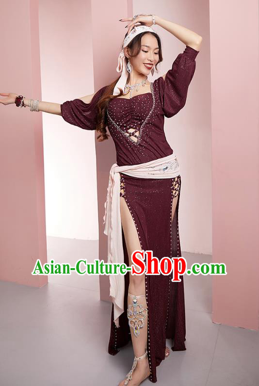 Indian Belly Dance Clothing Asian Oriental Dance Stage Performance Purplish Red Robe Outfits