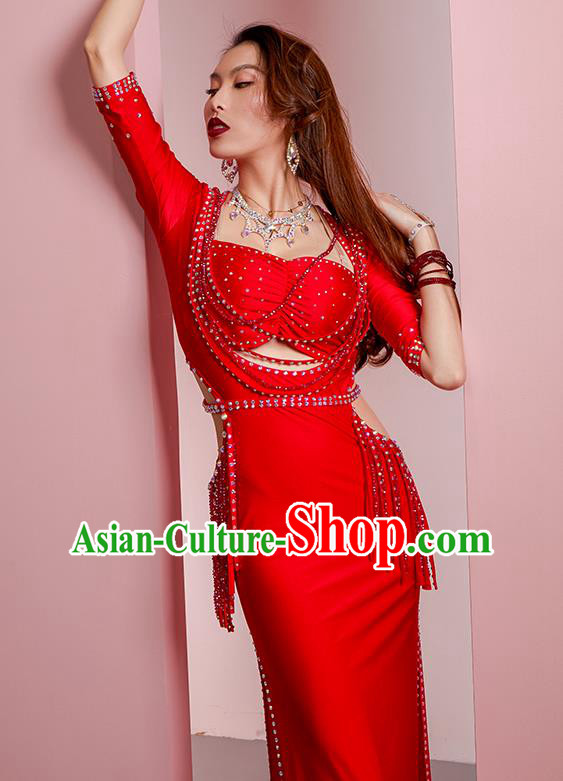 Asian Oriental Dance Raks Sharki Red Robe Outfits Professional Indian Belly Dance Training Clothing