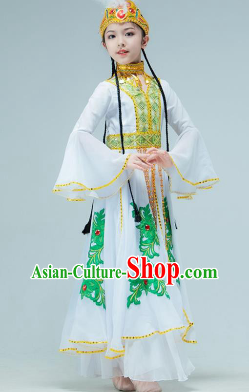 Chinese Traditional Uygur Nationality Performance White Dress Xinjiang Ethnic Girl Dance Clothing