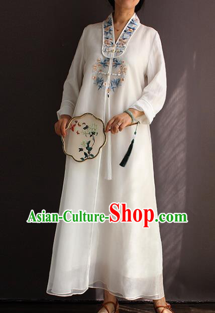 China Embroidered White Flax Qipao Dress Classical Dance Cheongsam National Women Zen Clothing