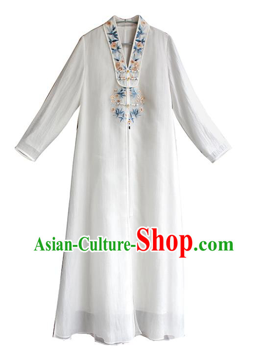 China Embroidered White Flax Qipao Dress Classical Dance Cheongsam National Women Zen ClothingChina Embroidered White Flax Qipao Dress Classical Dance Cheongsam National Women Zen Clothing