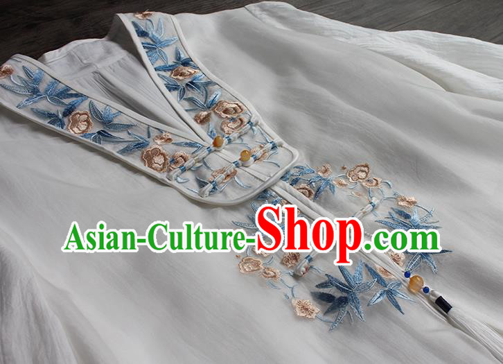 China Embroidered White Flax Qipao Dress Classical Dance Cheongsam National Women Zen Clothing