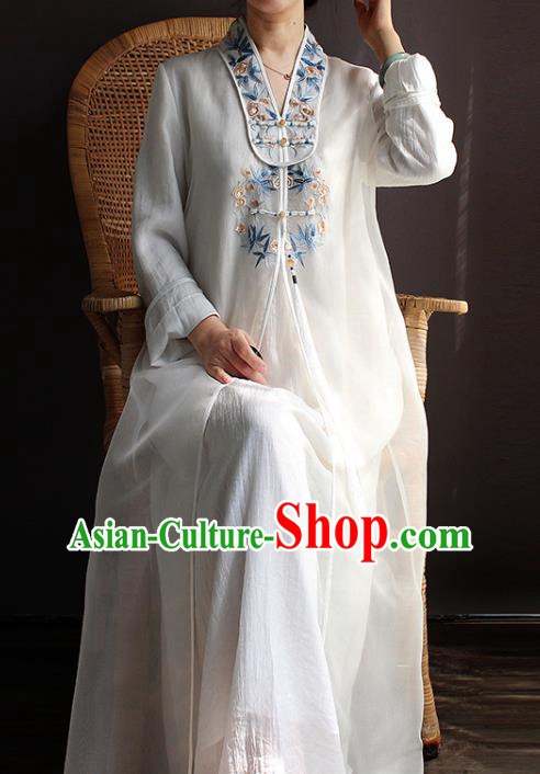 China Embroidered White Flax Qipao Dress Classical Dance Cheongsam National Women Zen Clothing