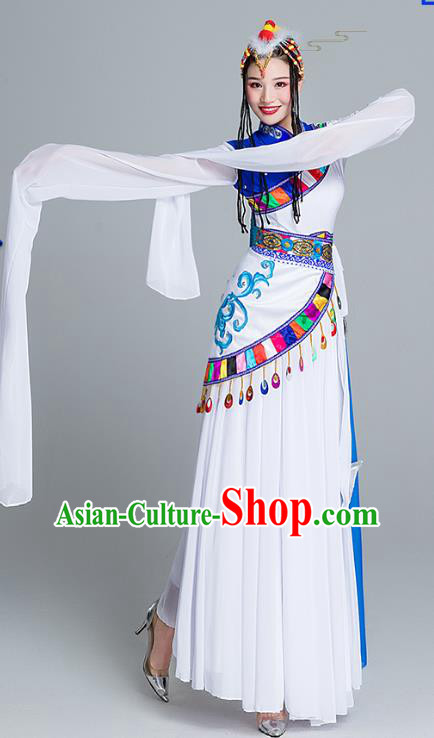 Chinese Traditional Zang Nationality White Water Sleeve Dress Outfits Tibetan Ethnic Stage Performance Female Clothing