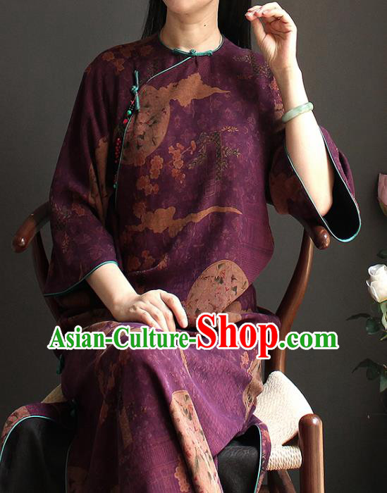 China Classical Cheongsam National Women Clothing Purple Silk Wide Sleeve Qipao Dress