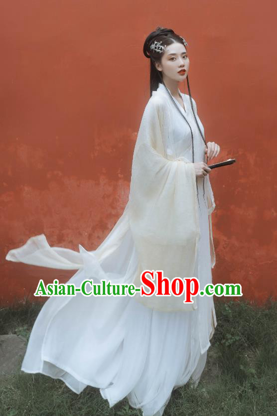 China Ancient Fairy Princess Beige Hanfu Dress Traditional Jin Dynasty Court Lady Historical Costumes Full Set