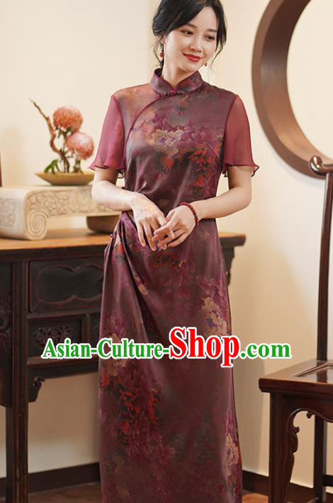 China National Costume Cheongsam Classical Peony Pattern Purple Silk Qipao Dress