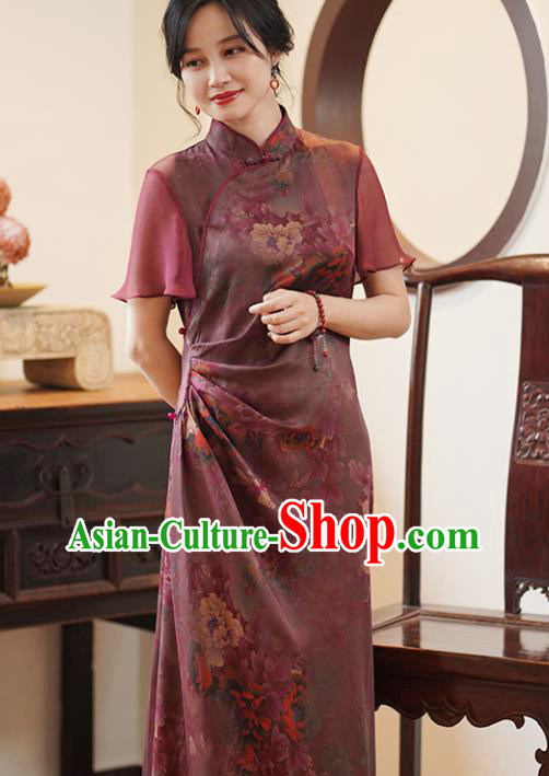 China National Costume Cheongsam Classical Peony Pattern Purple Silk Qipao Dress