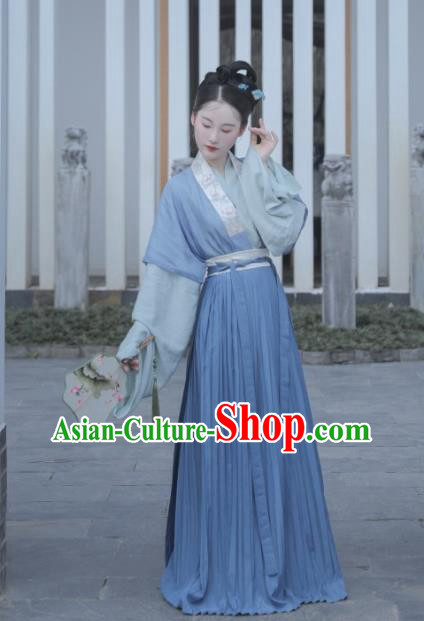 China Ancient Country Woman Blue Dress Uniforms Traditional Song Dynasty Civilian Lady Hanfu Clothing