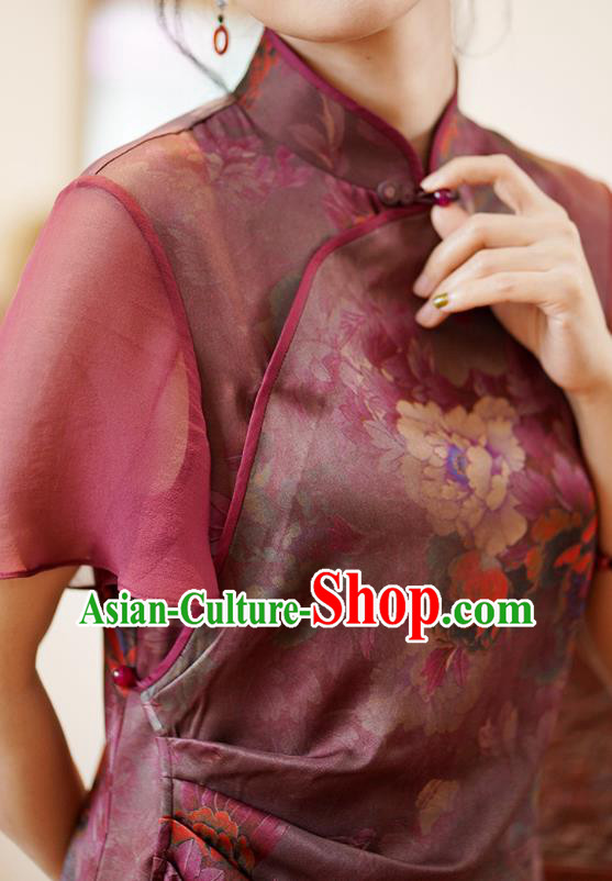 China National Costume Cheongsam Classical Peony Pattern Purple Silk Qipao Dress