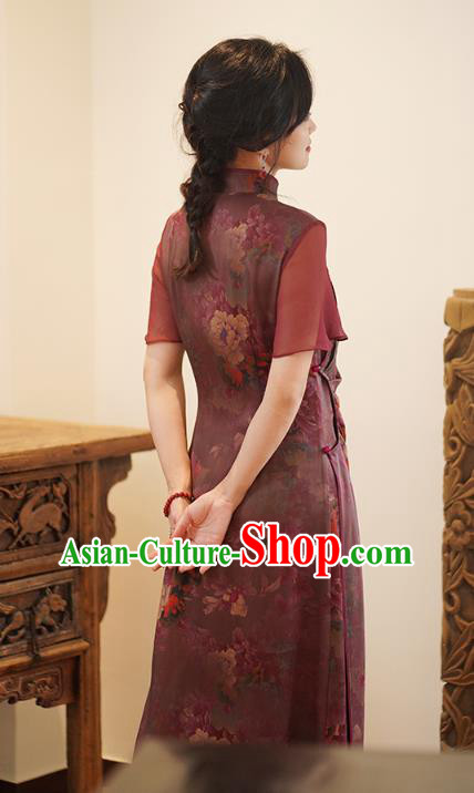 China National Costume Cheongsam Classical Peony Pattern Purple Silk Qipao Dress