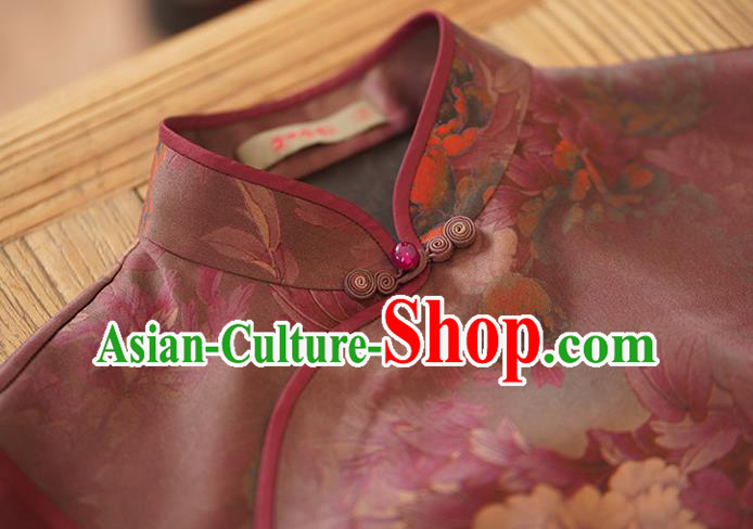 China National Costume Cheongsam Classical Peony Pattern Purple Silk Qipao Dress