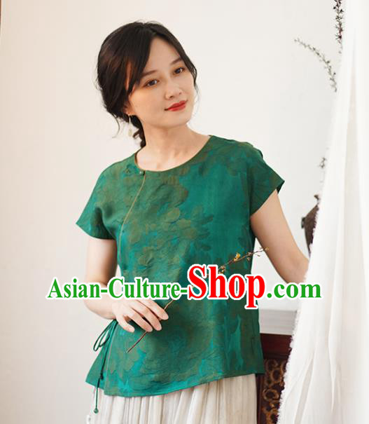 China Tang Suit Shirt National Women Clothing Classical Jacquard Green Silk Blouse