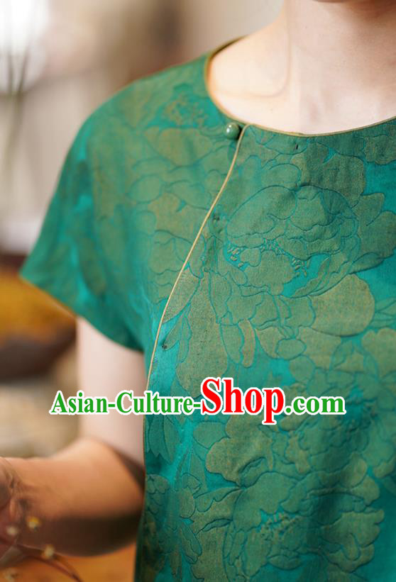 China Tang Suit Shirt National Women Clothing Classical Jacquard Green Silk Blouse