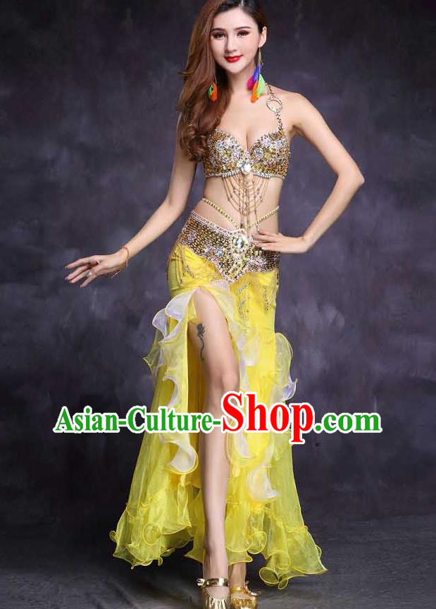 High Indian Belly Dance Diamante Yellow Bra Outfits India Female Oriental Dance Stage Performance Clothing