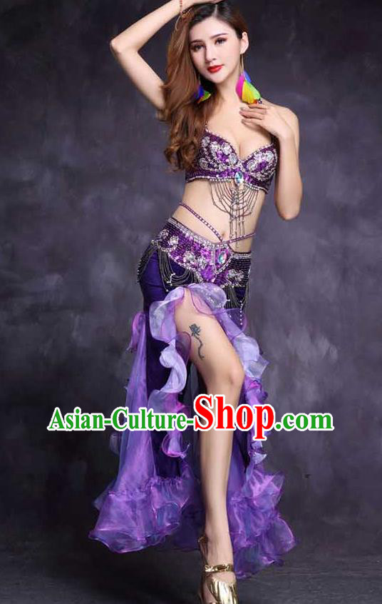 India Oriental Dance Clothing High Indian Belly Dance Stage Performance Diamante Purple Bra and Skirt Outfits