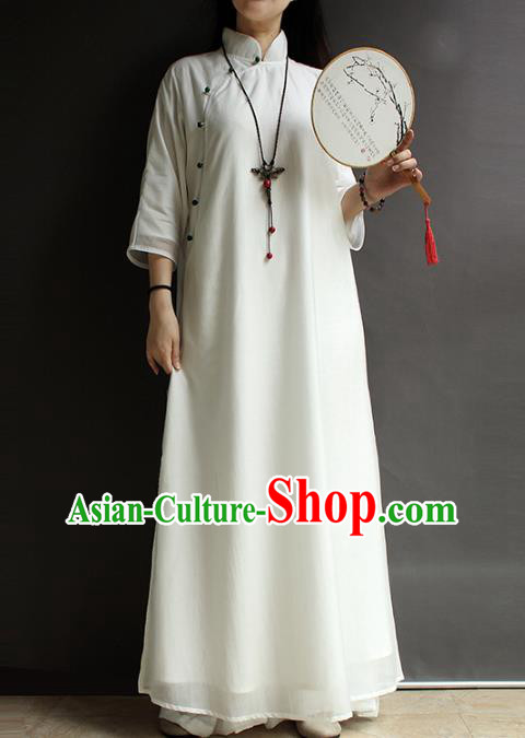 China Traditional Stand Collar Qipao Dress National Women Zen Clothing Classical White Cheongsam