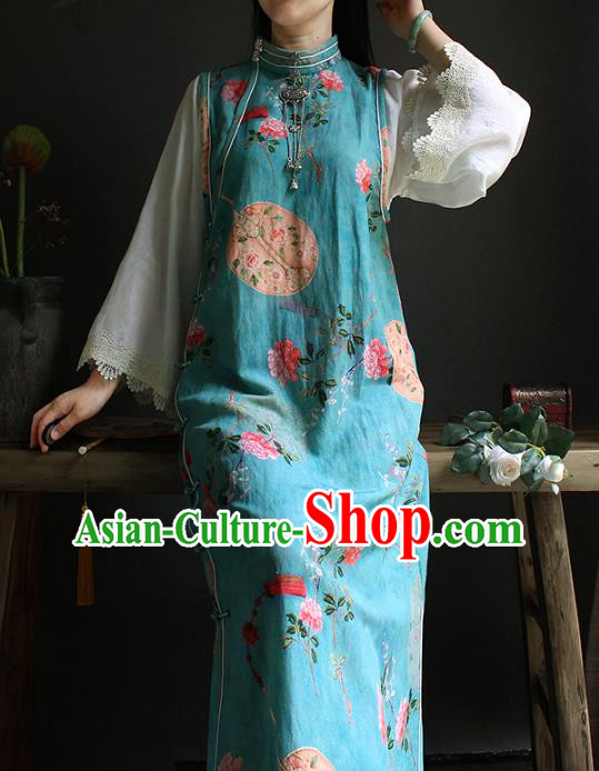 China Classical Printing Flowers Blue Cheongsam National Women Clothing White Lace Sleeve Qipao Dress