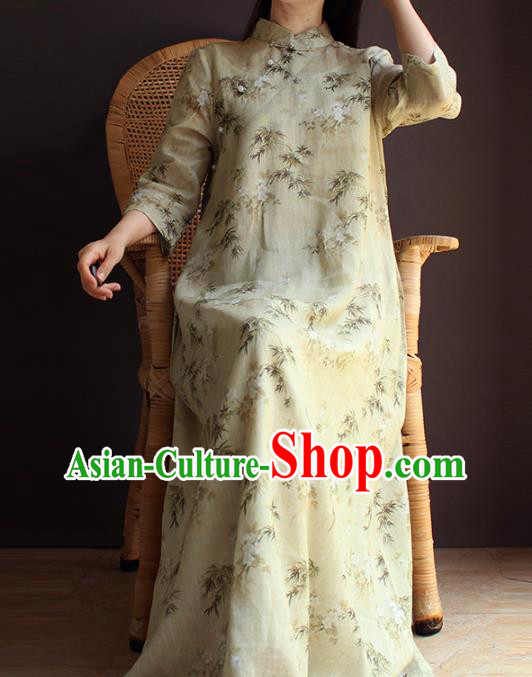 China Traditional Printing Beige Flax Qipao Dress National Women Clothing Classical Cheongsam