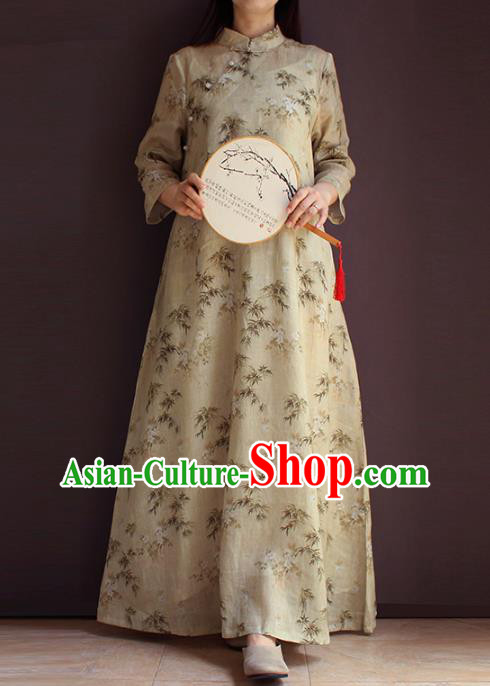 China Traditional Printing Beige Flax Qipao Dress National Women Clothing Classical Cheongsam
