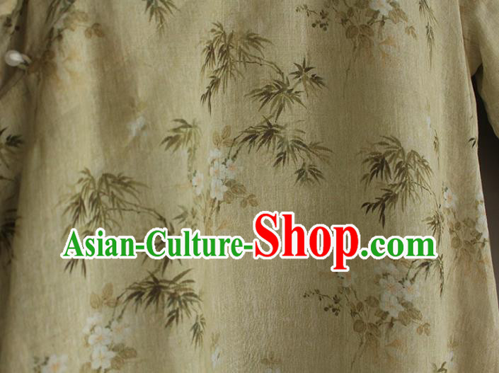 China Traditional Printing Beige Flax Qipao Dress National Women Clothing Classical Cheongsam