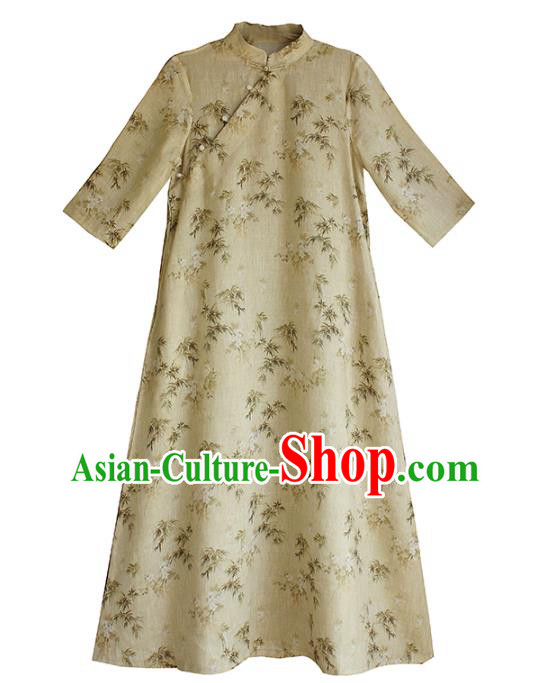 China Traditional Printing Beige Flax Qipao Dress National Women Clothing Classical Cheongsam