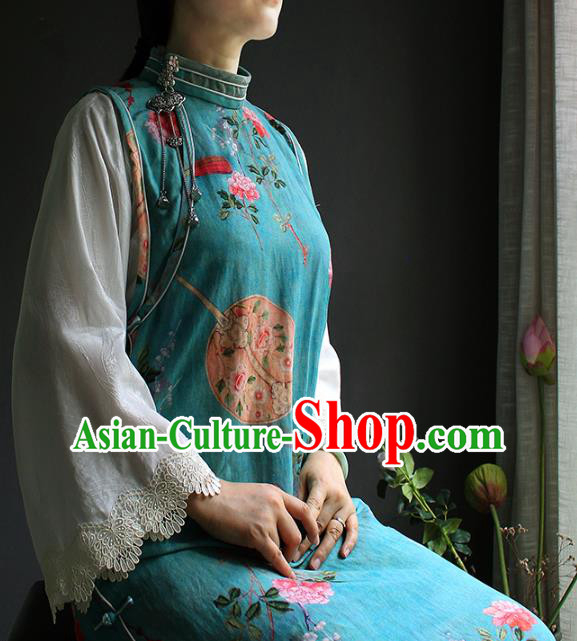 China Classical Printing Flowers Blue Cheongsam National Women Clothing White Lace Sleeve Qipao Dress