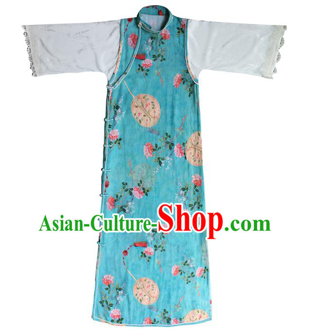 China Classical Printing Flowers Blue Cheongsam National Women Clothing White Lace Sleeve Qipao Dress