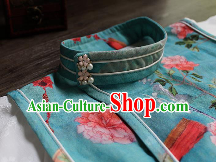 China Classical Printing Flowers Blue Cheongsam National Women Clothing White Lace Sleeve Qipao Dress