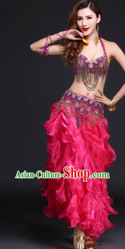 Indian Belly Dance Competition Beads Tassel Bra and Rosy Skirt Outfits India Oriental Dance Clothing