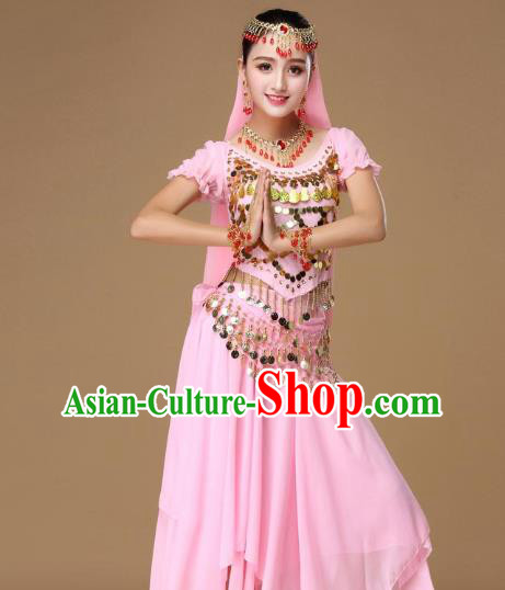 Asian India Court Dance Performance Blouse and Skirt Clothing Indian Belly Dance Pink Uniforms
