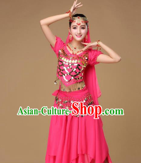 Asian Indian Belly Dance Rosy Uniforms India Court Dance Performance Blouse and Skirt Clothing