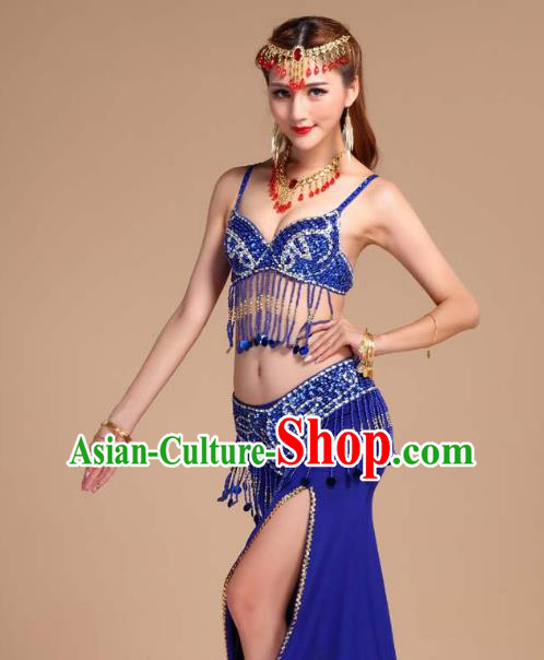 Asian India Oriental Dance Competition Clothing Indian Belly Dance Sequins Tassel Bra and Royalblue Skirt Uniforms