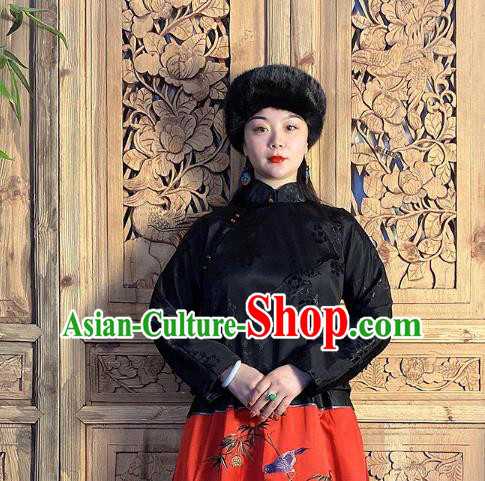 China Classical Slant Opening Blouse National Women Clothing Tang Suit Black Silk Shirt