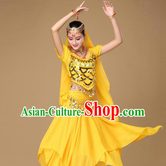Asian India Dance Performance Blouse and Skirt Clothing Indian Belly Dance Yellow Uniforms