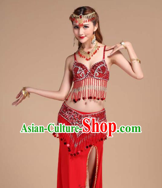 Indian Belly Dance Sequins Tassel Bra and Red Skirt Uniforms Asian India Raks Sharki Oriental Dance Clothing
