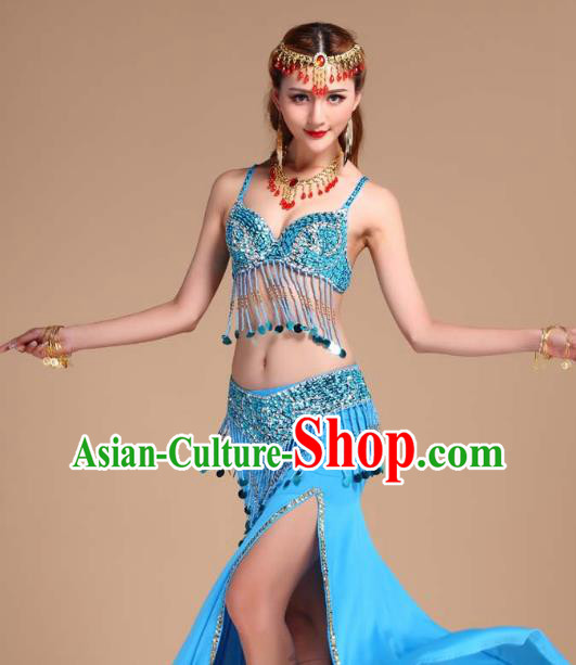 Indian Oriental Dance Belly Dance Sequins Tassel Bra and Blue Skirt Uniforms Asian India Raks Sharki Clothing