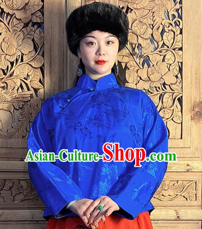 China Tang Suit Royalblue Silk Shirt Classical Slant Opening Blouse National Women Costume