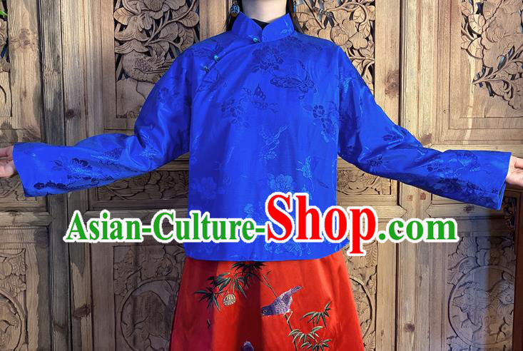 China Tang Suit Royalblue Silk Shirt Classical Slant Opening Blouse National Women Costume