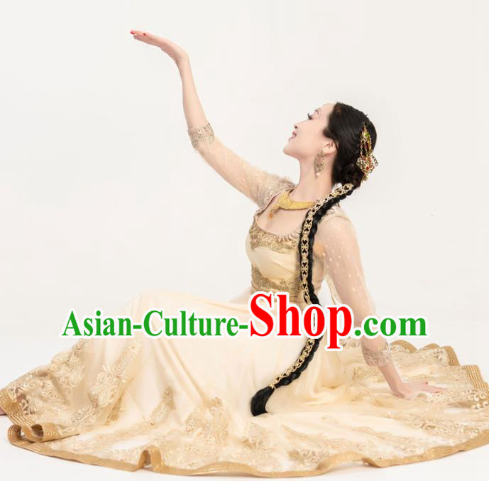 Indian Bollywood Performance Golden Anarkali Dress Asian India Court Princess Embroidered Costumes