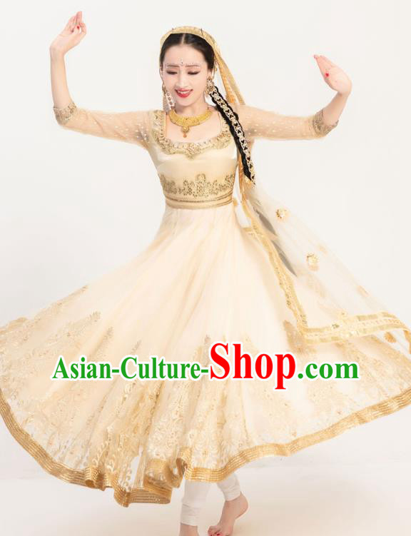 Indian Bollywood Performance Golden Anarkali Dress Asian India Court Princess Embroidered Costumes