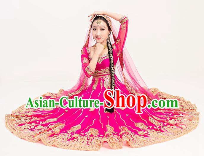 Asian India Court Princess Dance Costumes Indian Bollywood Performance Embroidered Rosy Anarkali Dress