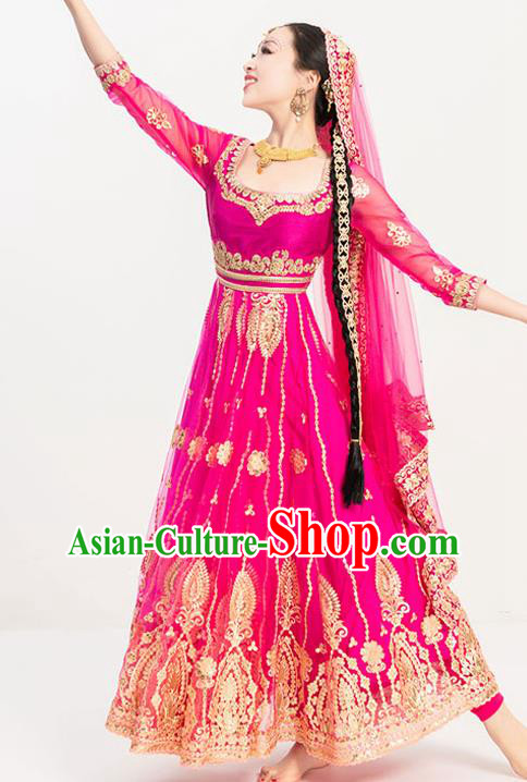 Asian India Court Princess Dance Costumes Indian Bollywood Performance Embroidered Rosy Anarkali Dress