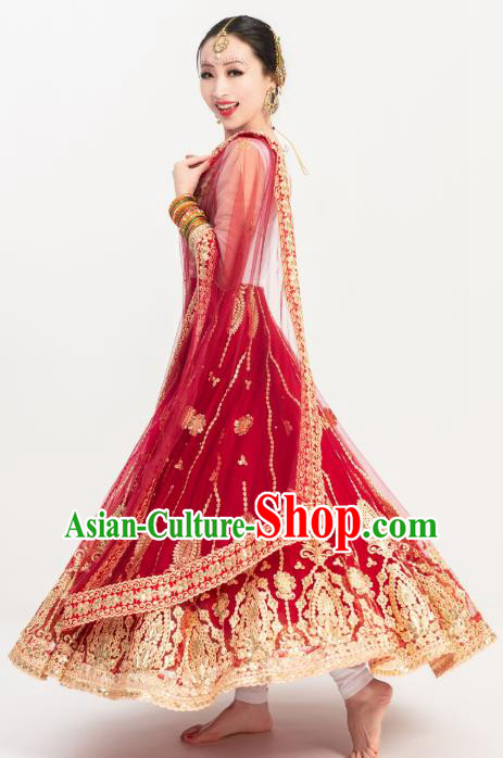 Indian Bollywood Performance Wine Red Anarkali Dress Asian India Folk Dance Embroidered Costumes