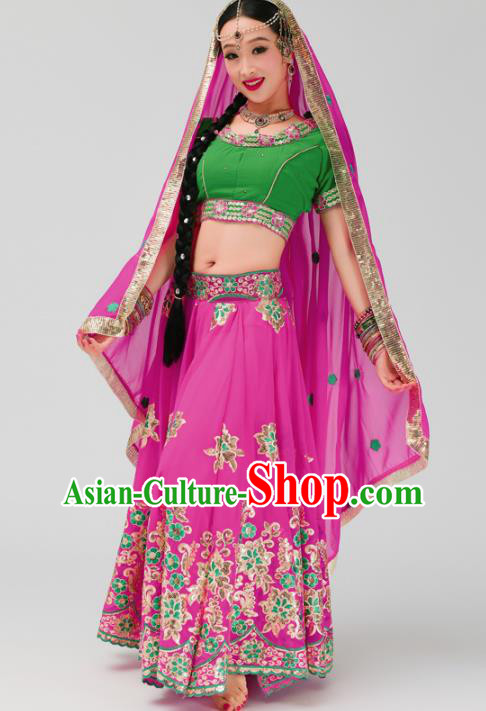 Asian India Dance Embroidered Anarkali Kurta Costumes Indian Bollywood Performance Green Blouse and Rosy Skirt