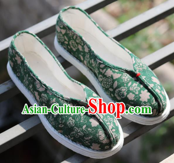 China National Country Woman Shoes Handmade Printing Flowers Green Flax Shoes