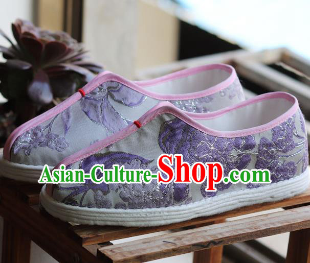 China National Folk Dance Shoes Handmade Multi Layered Lilac Cloth Shoes