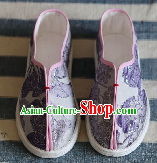 China National Folk Dance Shoes Handmade Multi Layered Lilac Cloth Shoes