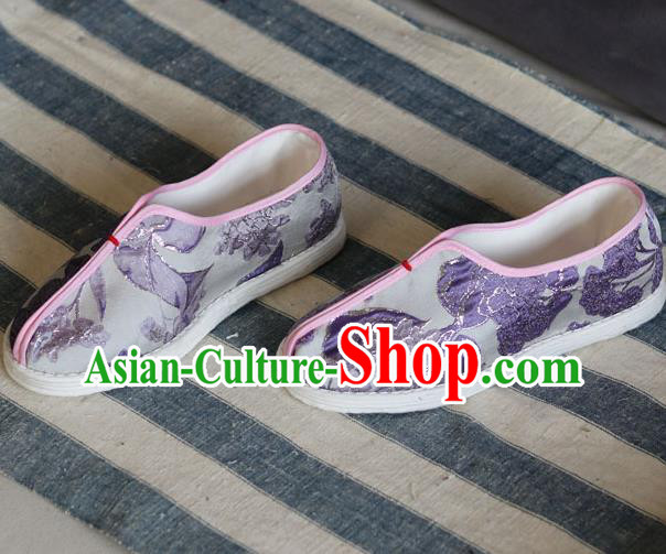 China National Folk Dance Shoes Handmade Multi Layered Lilac Cloth Shoes