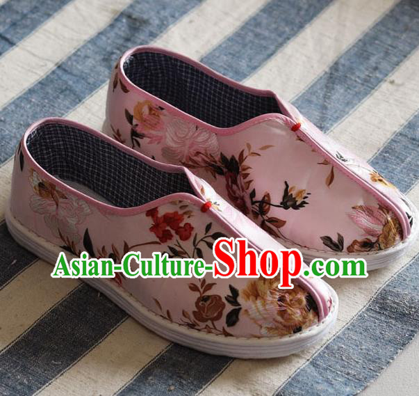 China National Woman Cloth Shoes Handmade Multi Layered Pink Brocade Shoes